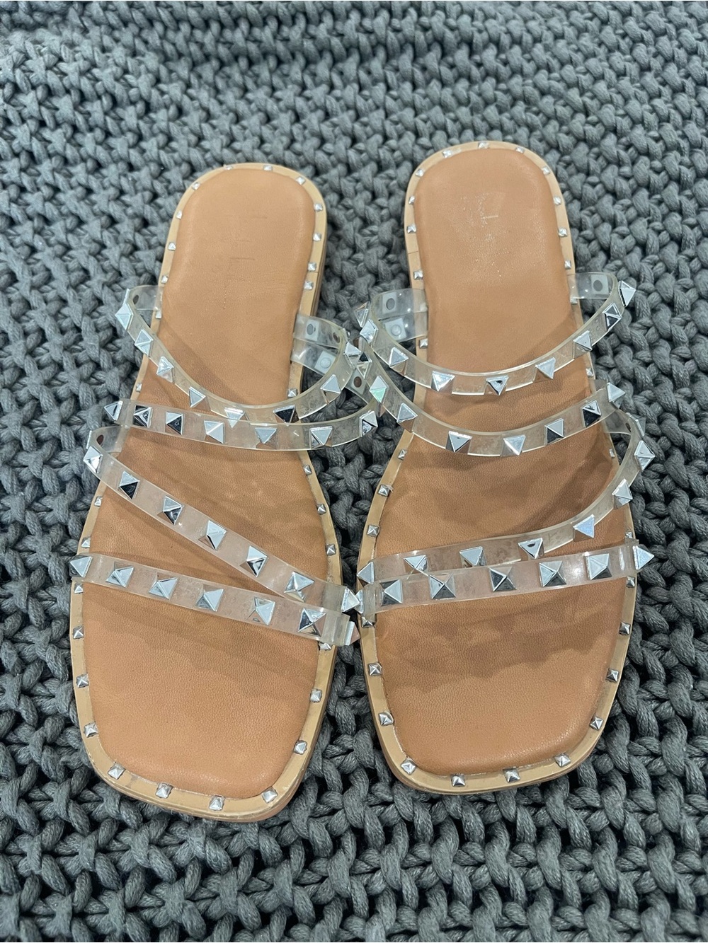 Nicole Miller Clear Studded Slide Sandals with Tan Footbed